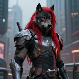 portrait of a anthropomorphic black male wolf with long red hair wearing futuristic armor in a futuristic city | | concept art, 4 k, volumetric lighting, highly detailed, photorealistic, by cory loftis trending on artstation