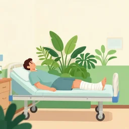 a man with a broken leg in a cast lies in a cozy hospital room with lots of vegetation and bright walls, low angle, side view, orthographic projection, concept art