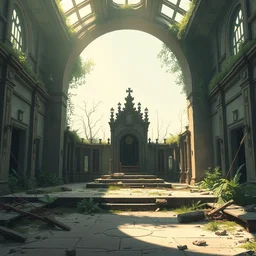 a stylized 2 d cinematic keyframe of a post - apocalyptic king throne palace interior remains covered in nature, debris, abandoned, neutral tones, joy gaze, cel - shaded, classical animation, edge - to - edge print, rendered by studio ghibli, artgerm, alyssa monks, andreas rocha, david kassan, neil blevins, rule of thirds, golden ratio, ambient lighting