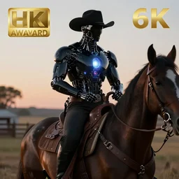 Dark gloss black futuristic cyborg with powerful glowing energy source in it's chest, the cyborg is wearing a classic 1800s western cowboy outfit riding a horse on a ranch at dusk. Cinematic, Award winning, ultra high resolution, intricate details, rendered with unreal engine, UHD 8K