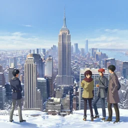 new - york skyline in winter, artstation, elegant, highly detailed, digital painting, concept art, smooth, sharp focus, illustration, art by don bluth and michel ocelot and makoto shinkai and tom whalen and atey ghailan and akihiko yoshida
