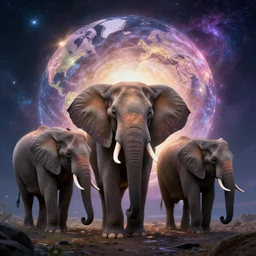 world of elephants as the smartest creatures of the universe, galaxies, magical world, by greg rutkowski, sung choi, photo realistic, 8 k, cinematic lighting, hd, atmospheric, hyperdetailed, trending on artstation, devainart, digital painting, glow effect