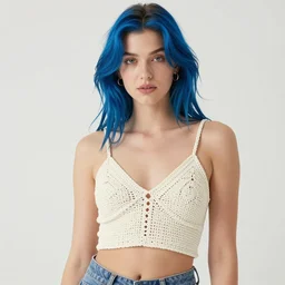 photo of a caucasian female model with blue hair wearing a crocheted croptop
