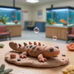 plasticine model of [ [ [ [ newt ] ] ] ] figures clay. bubbles. weird. surreal. strange. tilt shift. tank. fish tank in waiting room. photorealistic.