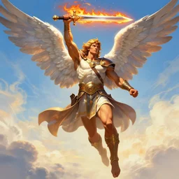 biblically accurate angel, epic propaganda poster, holding a flaming sword above his head, strength, health, confidence, in the style of magic the gathering cart art, hypermasculine, ancient soldier, flying in the sky, triumphant pose, bright colors