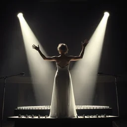 charlize theron standing in front of a van de graaf generator, waving her arms over a theremin. frankenstein lighting, dramatic and moody