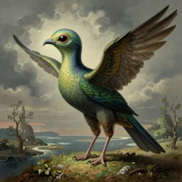 brilliant alien bird color scientific illustration by Ernst Haekel, color illustration with orthographic views