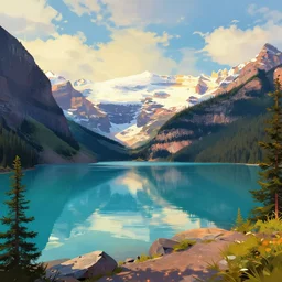 concept art by jama jurabaev, cel shaded, cinematic shot, trending on artstation, high quality, brush stroke, vibrant colors, lake louise