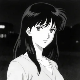 greg manchess painting of an anime woman, direct flash photography at night, film grain, black and white