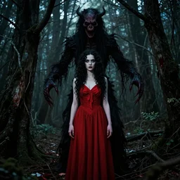 artgerm, ivan aivazovsky, full body, pretty alyson hannigan, evil dead demon, evil dead movie, red dress, symmetrical eyes, symmetrical face, long curly black hair, trees, forest, branches, cinematic lighting, evil dead creature, scary, blood