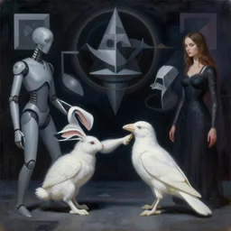artemixel, white crow bring white rabbit leg to an occult kabalistic witch, by collaboration of android jones, m. c. escher, jeffrey smith and nicola samori, futurist, digital art, dramatic lighting, oil on canvas