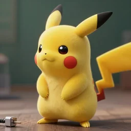 close up of pikachu with an electrical cable and plug instead of his tail, cinematographic shot, by daniel f. gerhartz