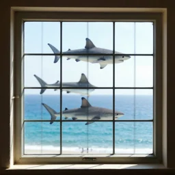 a mullioned window through which you can see the sea with sharks