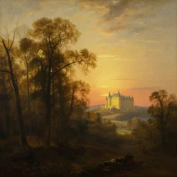 a forest with diamond trees at sunset there is golden castle off in the distance, highly detailed landscape painting by claude lorrain, golden hour, misty ominous atmosphere