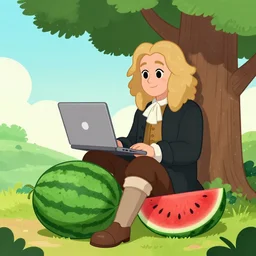 sir isaac newton sitting under a tree on a hill holding a macbook - pro, a big crushed watermelon is lying on the ground next to him, in the style of powerpuff girls