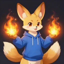furaffinity furry art of an anthro fennec character holding fireballs and wearing a blue sweatshirt, digital painting, detailed, cute