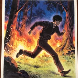 glossy old advertising poster of a man running from a forest fire, night, drawn comic by junji ito, pastels, gradient,