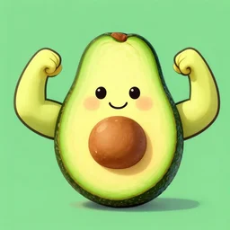 an avocado with strong arms and a cute loving face