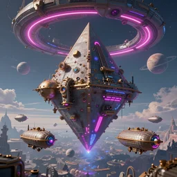 a steampunk airship fleet flying towards a surreal upside down pyramid, neon lights moebius, neon ringed planets in the sky, steampunk, Trending on Artstation, Instagram, epic scale, epic scene, fine details