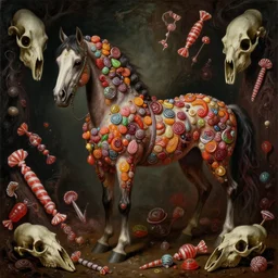 renaissance style painting of a horrifying evil candy themed horse, surrounded by different kinds of candy and bones, evil candy mare, extremely scary, extremely detailed!!!, horror themed, dim lighting, gothic style painting, horse skulls everywhere, horrifying, grim colors, dark dramatic lighting, empty horse eyes