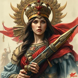 goddess of war. highly detailed, digital painting, watercolor, soviet realism, engraving, artstation, concept art, smooth, sharp focus, global light, grunge, illustration, unreal engine 5, 8 k, art by bilibin and kuvshinov and malevich and mucha