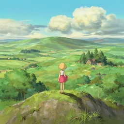 illustration of a small blonde girl standing on top of a large hill overlooking a vast landscape containing every biome, the sky is beautiful, illustrated by Hayao Miyazaki