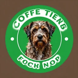 green circular coffee shop logo, depicting ugly and dirty dog in center, horror movie dog
