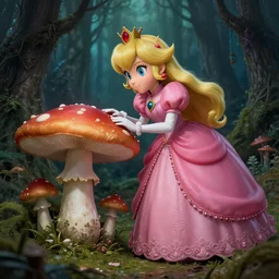 princess peach finding a mushroom. masterpiece 4k digital design by Takato Yamamoto, award winning, Artstation, Takato Yamamoto aesthetic, Neo-Gothic, gothic, forest on background, intricate details, realistic, hyperdetailed, 8k resolution