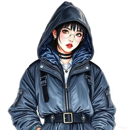 a copic maker realistic portrait of kpop idol girl by yoshiyuki sadamoto, alfons mucha wearing a dark puffy anorak latex pilot suit futuristic and yeezy sneakers chic, zippers, belts & velcro galore, cargo pants chic'techno fashion trend by issey miyake and balenciaga streetwear utility 8 k