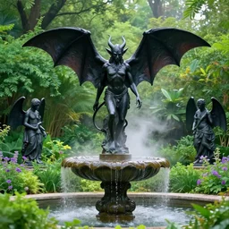 a statue of black demon atop a fountain in a lush dense verdant garden by norman rockwell and ferdinand knab and gil elvgren, bat wings, mist, hyperrealism, volumetric lighting, god rays, ultrafine details, sfumato, purple flowers, overgrown