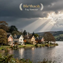 photograph of a victorian town near a lake. Detailed.