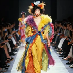 realistic photoshooting for crazy fashion catwalk, couture, bright colors, vhs colour photography, fashion photography, vogue, 8 0 mm lens, 1. 2 aperture, cinematic light