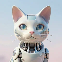 a close portrait of a cybernetic cat made from porcelain and steel, insane reflexions, pastel colored, daylight, peaceful, 8 k, ambient occlusion, octane render, symetrical features