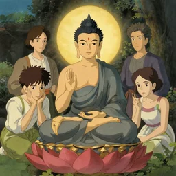 buddhism, in the style of studio ghibli, j. c. leyendecker, greg rutkowski, artem