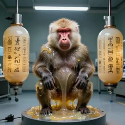 a perfect violent photograph of a human baboon test specimen in a laboratory designed in a hyper ridiculous manner. the bulbous chambers are adorned with lewd cryptic hieroglyphs. the man is engulfed by runny gelatin. perfect focus, studio lighting, gallery setting