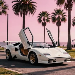 lamborghini countach with doors open. palm trees and pink sky in the background. art by krzysztof tanajewski