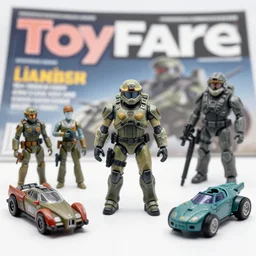 a toyfare magazine cover with master chief toys figures, accessories, and vehicles. 3 5 mm f / 2. 8 macro lens. halo 2 box art 2 0 0 7. 3 d blender rendered in 5 0 0 0 cycles. subsurface