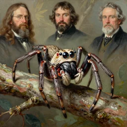 biomechanical jumping spider, huge chrome eyes, sitting on a branch, painting by gaston bussiere and craig mullins and j. c. leyendecker and ernst haeckel and john william godward and hammershøi