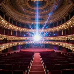 highly detailed optical illusion of an auditorium filled with magical energy by mad dog jones and alex grey