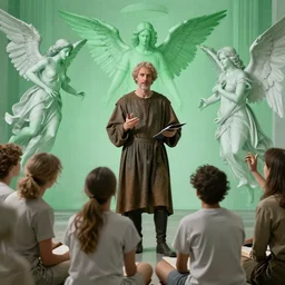 photorealistic shot of piero angela teaching to a group of angels, green wireframe in the background