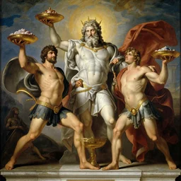 ares and hercules dab in front of zeus the ruler of olympus, heavenly marble, ambrosia served on golden platters, painting by gaston bussiere, craig mullins, j. c. leyendecker, tom of finland