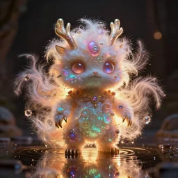 iridescent creature in fluffy candy, water reflection, night, backlit, warm tones, bioluminescent : by michal karcz, daniel merriam, victo ngai and guillermo del toro : ornate, dynamic, particulate, intricate, elegant, highly detailed, centered, artstation, smooth, sharp focus, octane render