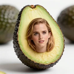 photo of emma watson encased inside an avocado, very detailed, very realistic, dof
