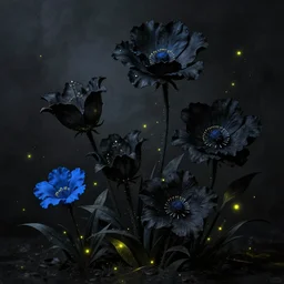beautiful digital matte painting of whimsical botanical illustration black and blue flowers with fireflies enchanted dark background dark contrast by alena aenami, greg rutkowski