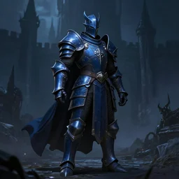 Grimdark Paladin, justice, navy blue armor, darkness, shadowy castle background, heroic pose, dnd, d&d, trending on artstation, artstationHD, artstationHQ, matte painting