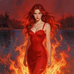emily rajtkowski, lake, red, flames everywhere!!!!!!!!!!!, highly detailed, digital painting, artstation, concept art, smooth, sharp focus, illustration, art by artgerm and greg rutkowski and alphonse mucha