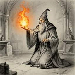 a wizard illuminating a room by making fire using a spell, creative, sketch, fantasy