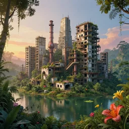 a beautiful ultradetailed highly detailed architecture nature industrial architecture unfinished building urbex abandoned city building backroom by wayne thiebaud, flowers otherworldly magic realism thermal vision rainforest lake at dawn fisheye nature, archdaily, wallpaper, highly detailed, trending on artstation.