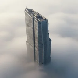 lone skyscraper rising from an opaque carpet of fog in an otherwise sunny day. lateral view showing the building from top to bottom. dynamic perspective, surrealism, concept art by dom qwek, trending on cg society, futurism, futuristic, volumetric lighting, aesthetic. digital matte painting