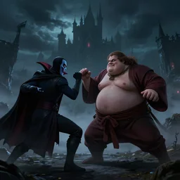 morbidly obese jedi fighting a vampire at night with dark clouds and dark lighting in the fog castle in background, stylized 8k highly detailed